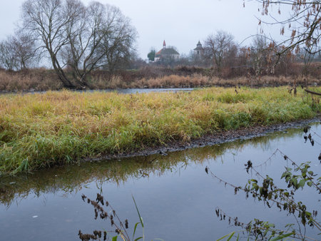 Ohre river with old chapel. Czech Republic.の写真素材
