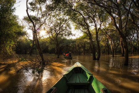 Riding a canoe in Tonle Sap Mangrove Forest river boat tour.の写真素材