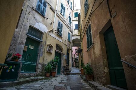 Quiet streets of Vernazza, one of five cinque terre towns, taken during winter.の写真素材