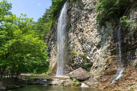 Byeongpoong waterfall in Sunchang Gangcheon mountain in South Korea. Taken during hot summer.の写真素材
