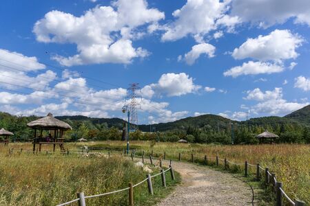 Incheon grand park with small shacks along the gravel pathway. taken in South Korea.の写真素材
