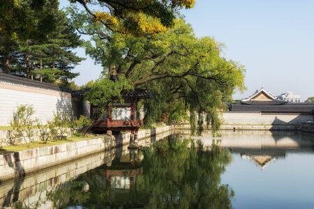 Gyeonghoeru pavilion taken during autumn fall foliage. Gyeongbokgung, South Kroeaの写真素材