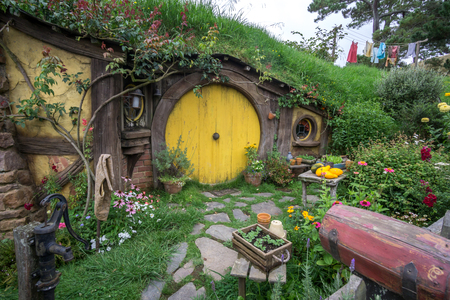 hobbit holes and hobbit garden in hobbiton movie set, new zealand. Taken during summer.のeditorial素材