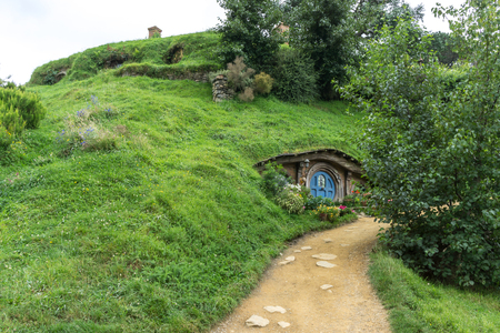 hobbit holes and hobbit garden in hobbiton movie set, new zealand. Taken during summer.のeditorial素材