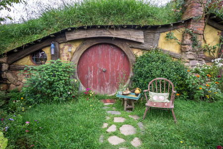 hobbit holes and hobbit garden in hobbiton movie set, new zealand. Taken during summer.のeditorial素材