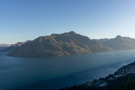 sunset view overlake wakatipu viewed from queenstown skylne gondola.の写真素材