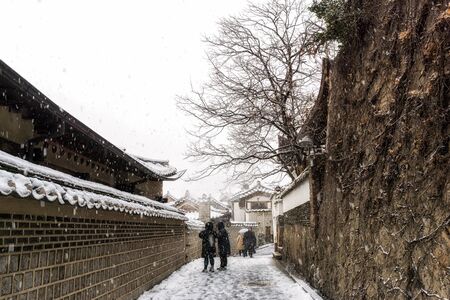 a large tree in bukchon hanok village in seoul south korea with tourists nearby. Taken in winter during a snow stormの写真素材