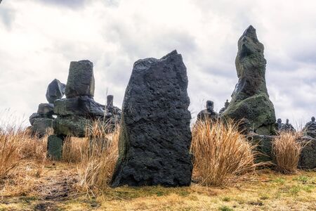 bangsataps among the tall grasses in jeju stone park in south koreaの写真素材