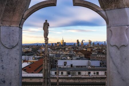 View of Milan and top of Duomo viewed from Milan Duomo rooftop.の写真素材