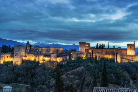 Alhambra palace night view from mirador de san nicolas. Granada, Spainの写真素材