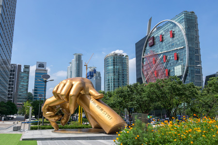 giant bronze sculpture of psy's gangnam style statue in front of coex. Taken in Seoul, South Korea on July 16th 2018のeditorial素材