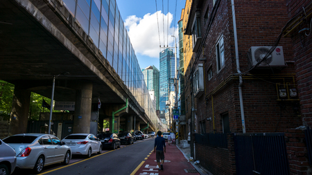 mecenatpolis apartment complex in hapjeong viewed from the road. Taken in Seoul, South Korea. September 4th 2018のeditorial素材