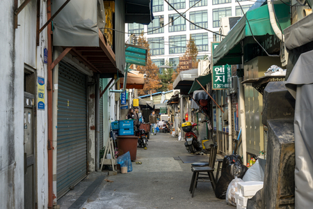 Streets and narrow alleyways of Mullaedong artist village in seoul, south korea. Taken in Seoul, South Korea on November 18th 2018.のeditorial素材