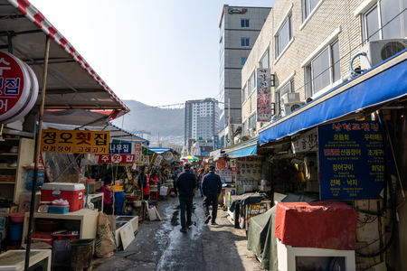 Busan Jagalchi Market is a famous open air seafood street market in south korea. Located in Busan, South Korea taken on February 13th 2019.のeditorial素材