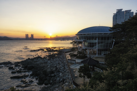 Busan Nurimaru APEC House sunset view. The APEC House is a famous landmark in Dongbaekseom Island in Busan, South Korea. Taken on February 14th 2019のeditorial素材