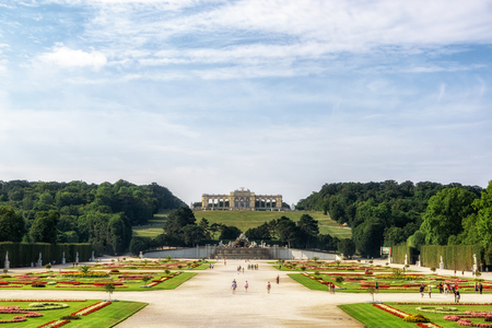 the view of gloriette and the neptune fountain in the schonbrunn palace gardens in vienna, austria.のeditorial素材