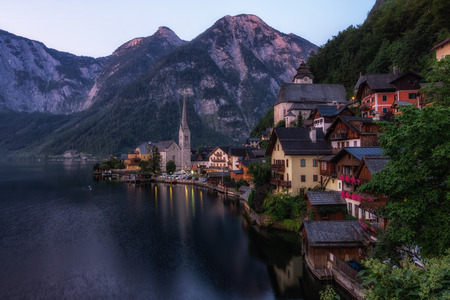 Hallstatt village and the lake viewed from one of the viewing points in the area. A famous tourist attraction in Austria.のeditorial素材