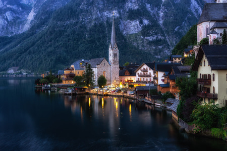 Hallstatt village and the lake viewed from one of the viewing points in the area. A famous tourist attraction in Austria.のeditorial素材
