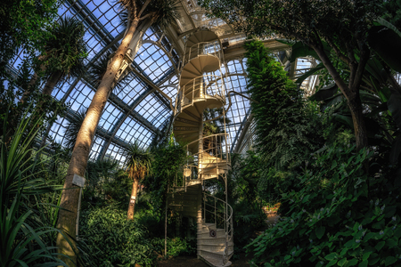 palmenhaus schonbrunn white spiral staircase located in schonbrunn palace garden in vienna, austria.のeditorial素材