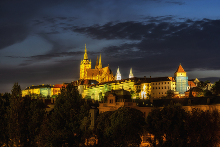 prague castle and strakova academy viewed at night.のeditorial素材