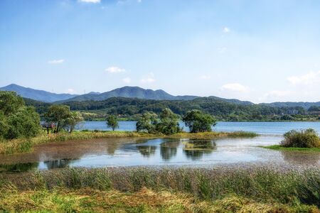 The view of Bukhangang river and Garden of Water ecological park taken during early fall. Famous park in Namyangju in South Korea.の写真素材