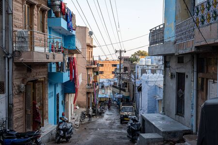 blue painted houses in the streets of jodhpur also called the blue city in Rajasthan, India. Taken...