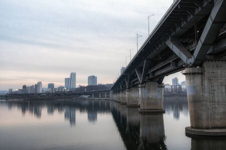 Sunset view over Cheongdam bridge taken from Jabollae observatory or Ttukseom cultural complex in Seoul, South Korea. Taken on January 5th 2020のeditorial素材