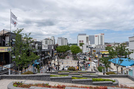 Wolha street various shops and restaurant vendors. Famous street in Gangneung, South Korea for various street food vendors. Taken on May 3rd 2020のeditorial素材