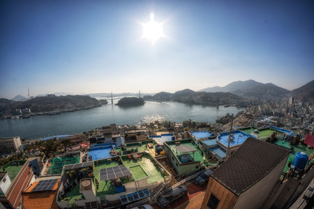 Yeosu city and Dolsan bridge view from Gosodong mural village in Yeosu, South Koreaのeditorial素材
