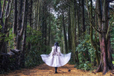 A woman flinging her coat in secret forest in Jeju Island, South Korea