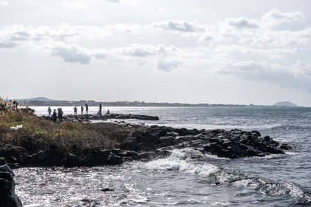 Aewol handam coastal trail surrounded by various cafes. Coastal scenery viewed from the trail. Taken in Jeju Island, South Korea on November 7th 2021のeditorial素材