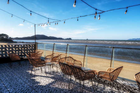 Rooftop balcony of a cafe with the view of Bangameori beach in Daebudo, South Korea