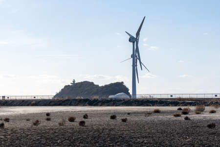 Wind turbines in Tandohang harbor in Daebudo, South Koreaのeditorial素材