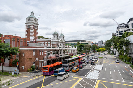 Central fire station in Singapore on the old hill street. With buses and cars driving nearby. Taken on October 8th 2022のeditorial素材