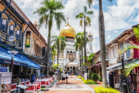 The view of Sultan Mosque and various restaurants on the Muscat Street. Famous national monument in Singapore. Taken on October 8th 2022のeditorial素材