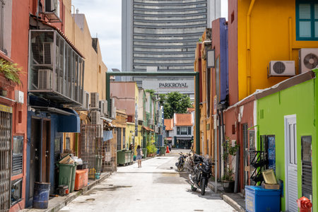 Colorful stores along a narrow alleyway taken in Arab street in Singapore. Taken on October 8th 2022のeditorial素材