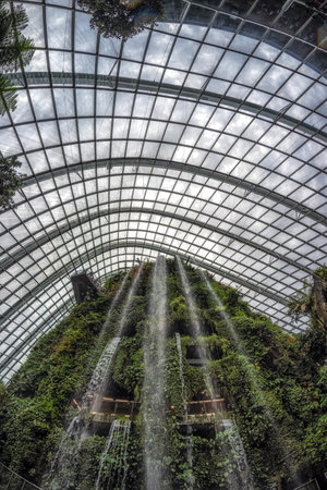 Looking up at the indoor waterfall in Cloud Forest in Gardens of the Bay in Singapore. Taken on October 8th 2022のeditorial素材