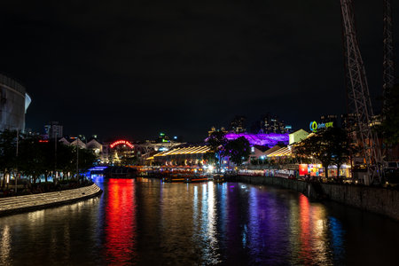 Clark Quay at night with the view of the Singapore River. Taken in Singapore on October 9th 2022のeditorial素材