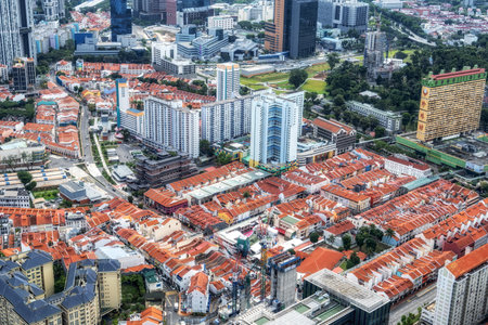 Singapore Chinatown area viewed from above with iconic orange colored rooftops. Taken on October 10th 2022のeditorial素材
