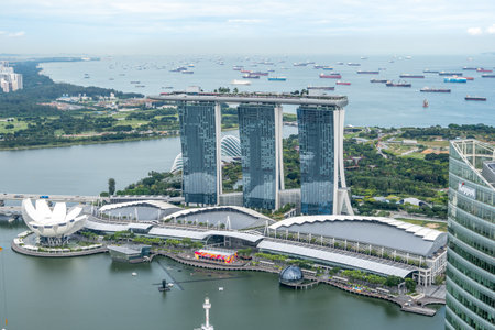 The view of Marina Bay Sands hotel from top of a skyscraper nearby. Famous iconic landmark in Singapore. Taken on October 10th 2022のeditorial素材