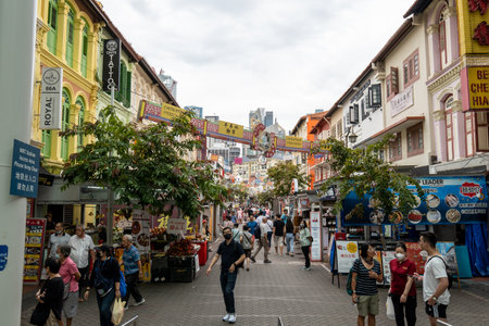 Pagoda street with various stores and restaurants in Chinatown Singapore taken on October 10th 2022のeditorial素材
