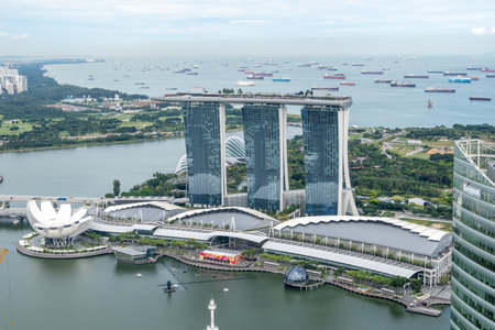The view of Marina Bay Sands hotel from top of a skyscraper nearby. Famous iconic landmark in Singapore. Taken on October 10th 2022のeditorial素材