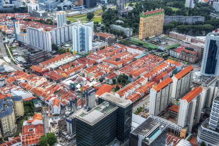 Singapore Chinatown area viewed from above with iconic orange colored rooftops. Taken on October 10th 2022のeditorial素材