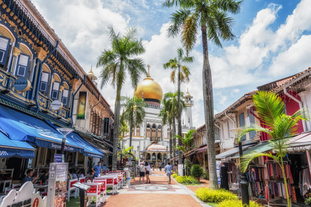 The view of Sultan Mosque and various restaurants on the Muscat Street. Famous national monument in Singapore. Taken on October 8th 2022のeditorial素材