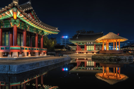 Wonju Gangwon Gamyeong or also called gangwon province administration building taken at night. Famous Joseon era historic site in Wonju, South Korea. Taken on November 11 2022のeditorial素材