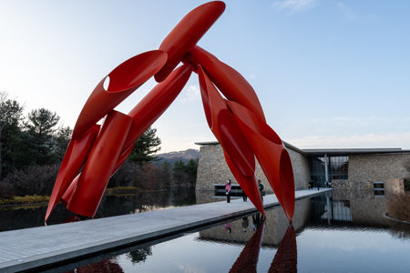 The entrance art piece in Museum San. Famous red gate is a hall mark art piece in Museum San. Taken in Wonju South Korea on November 20 2022のeditorial素材