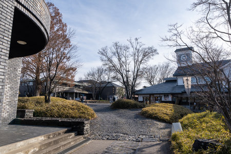 Entrance and surrounding shops near hokusai museum in Obuse, Japan. Taken on January 22 2023のeditorial素材