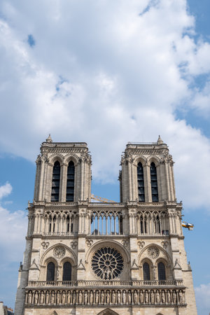 Famous Notre Dame Cathedral Paris view of the main facade. Famous Catholic cathedral in Paris,...