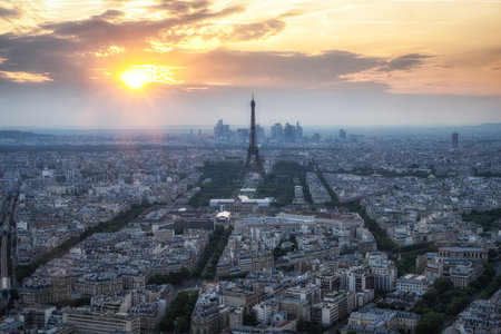 Paris city panoramic sunset view with Eiffle Tower in the distance. Famous view from on top of Montparnasse.の写真素材