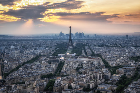 Paris city panoramic sunset view with Eiffle Tower in the distance. Famous view from on top of Montparnasse.の写真素材
